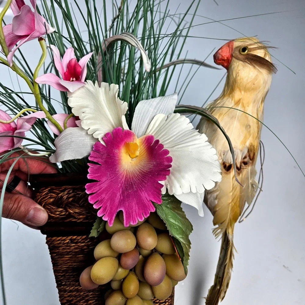 Floral‎ Wall Decor OS Brown Pink Tropical Orchid Bird Tiki Arrangement Beach